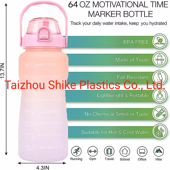 Jarra de agua para deportes al aire libre Tritan sin BPA, 2L, a prueba de fugas, con marcador de tiempo, botella de agua motivacional de plástico grande