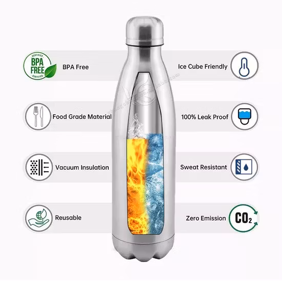 Logotipo personalizado 500ml taza de bebida de agua con aislamiento de doble pared termo frasco de vacío botella de agua de acero inoxidable con forma de Cola deportiva